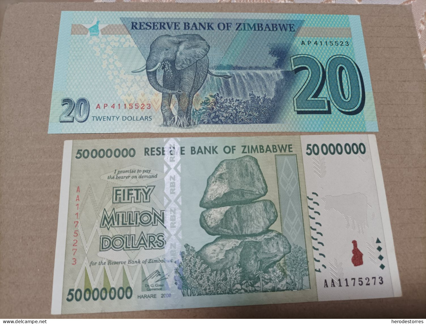 Billetes Zimbabwe, 50000000 Millones De Dólares Y 20 Dólares, Serie AA Y AP, Año 2008 Y 2020, UNC - Zimbabwe