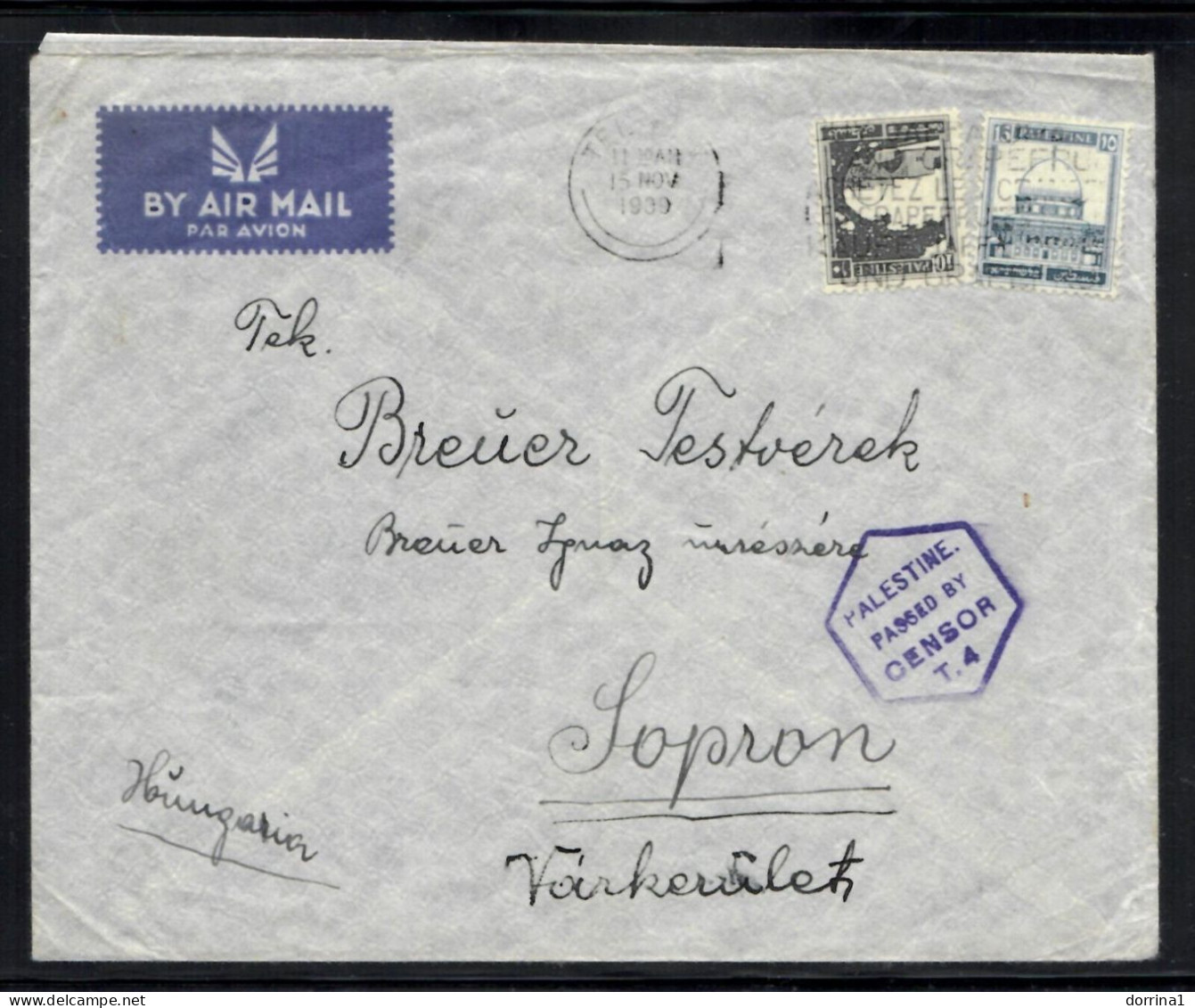 Palestine Tel Aviv 1939 Airmail Cover British Mandate Post Passed By Cencor T4 - Palestine