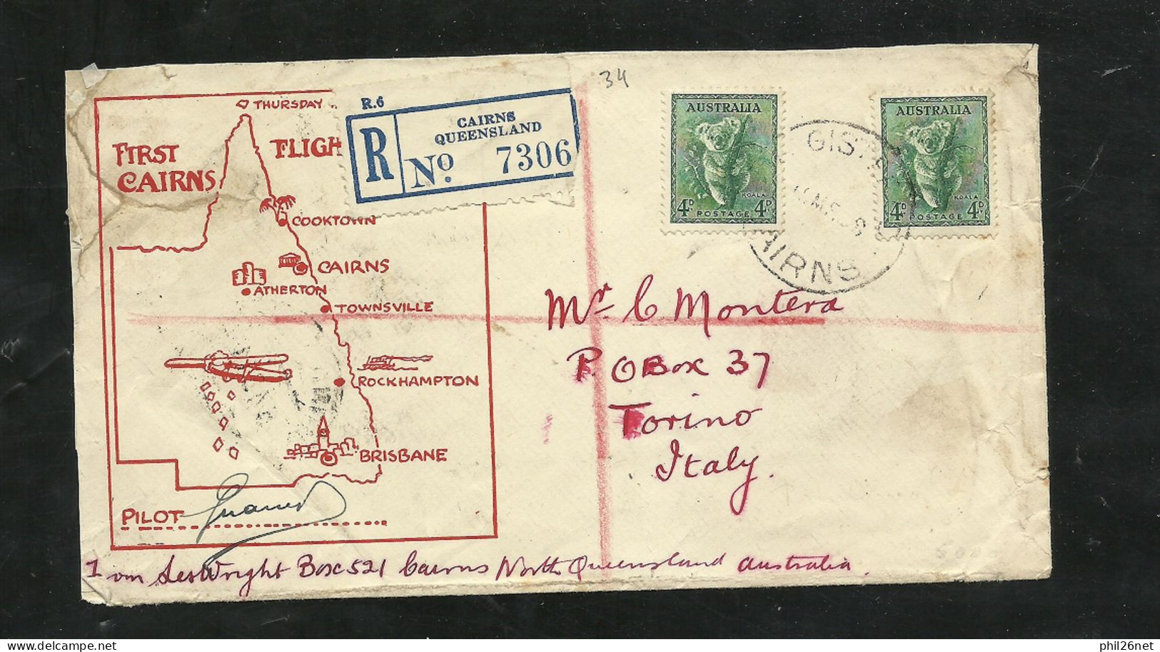 Lettre Recommandé Illustrée First Cairns Flights Cairns Le 15/3/1938 Pour Turin Le 23/04/1938 N°114x2   + Cachets B/TB - Eerste Vluchten