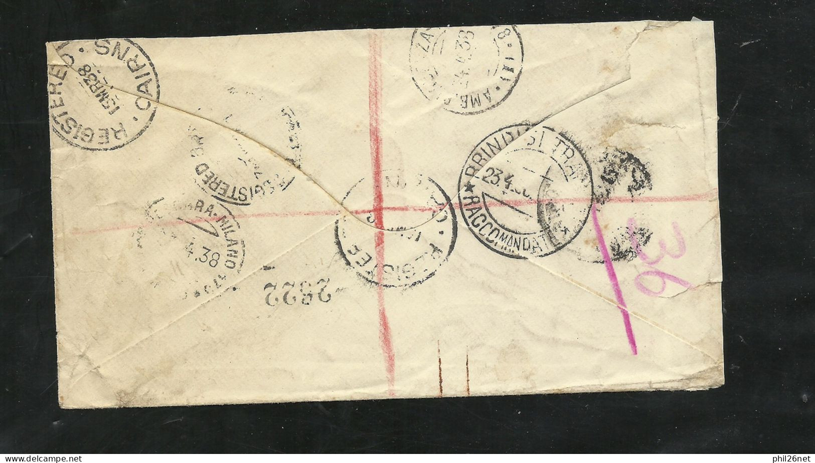 Lettre Recommandé Illustrée First Cairns Flights Cairns Le 15/3/1938 Pour Turin Le 23/04/1938 N°114x2   + Cachets B/TB - Premiers Vols