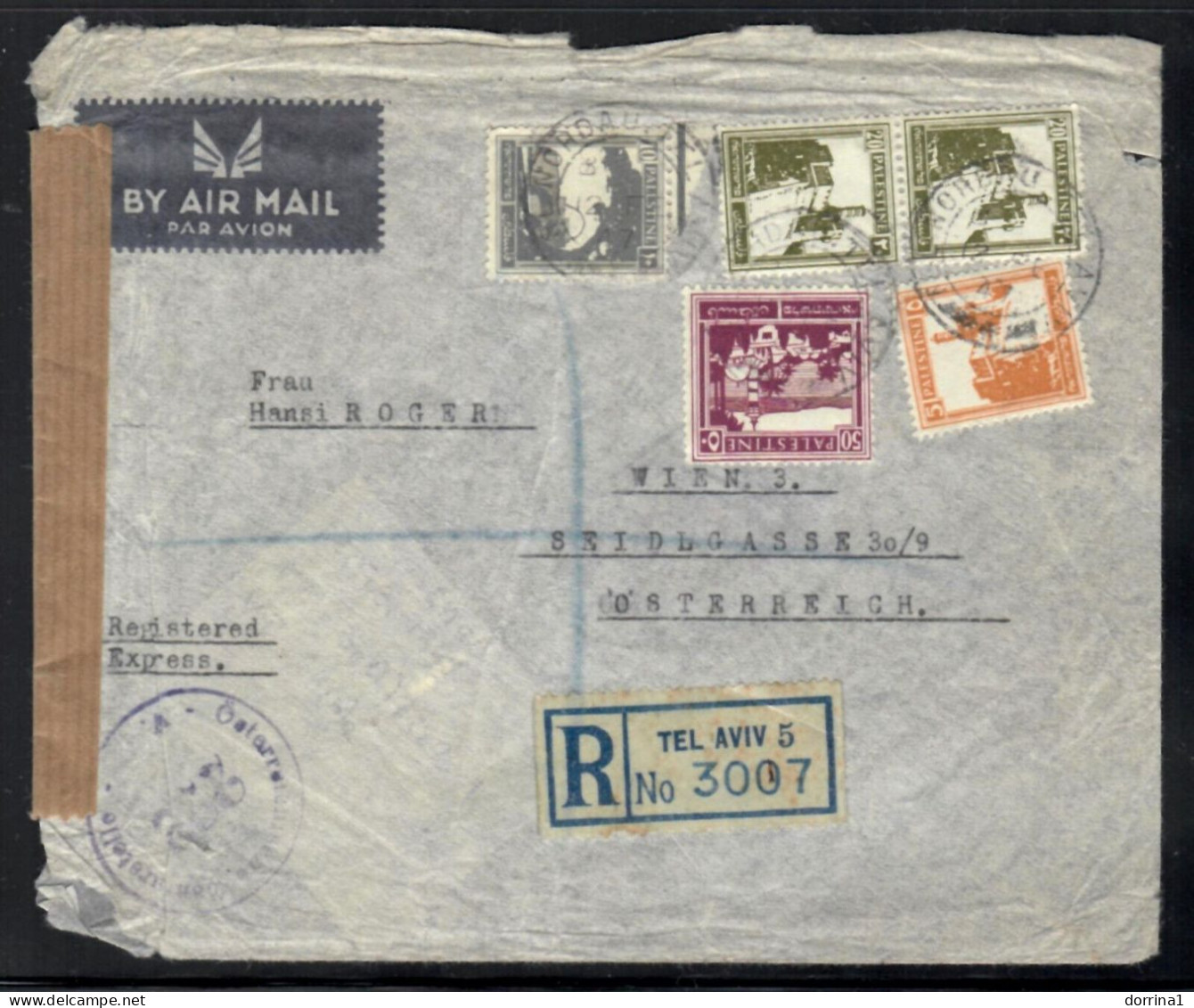 Registered Express Cover Tel Aviv Palestine 1947 AirMail British Mandate Cencor - Palestine