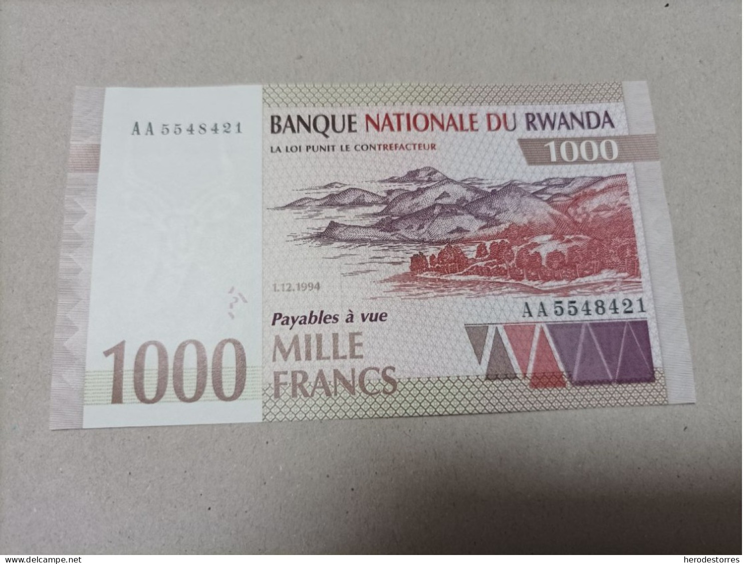 Billete Rwanda, 1000 Francs, Serie AA, Año 1994, UNC - Rwanda