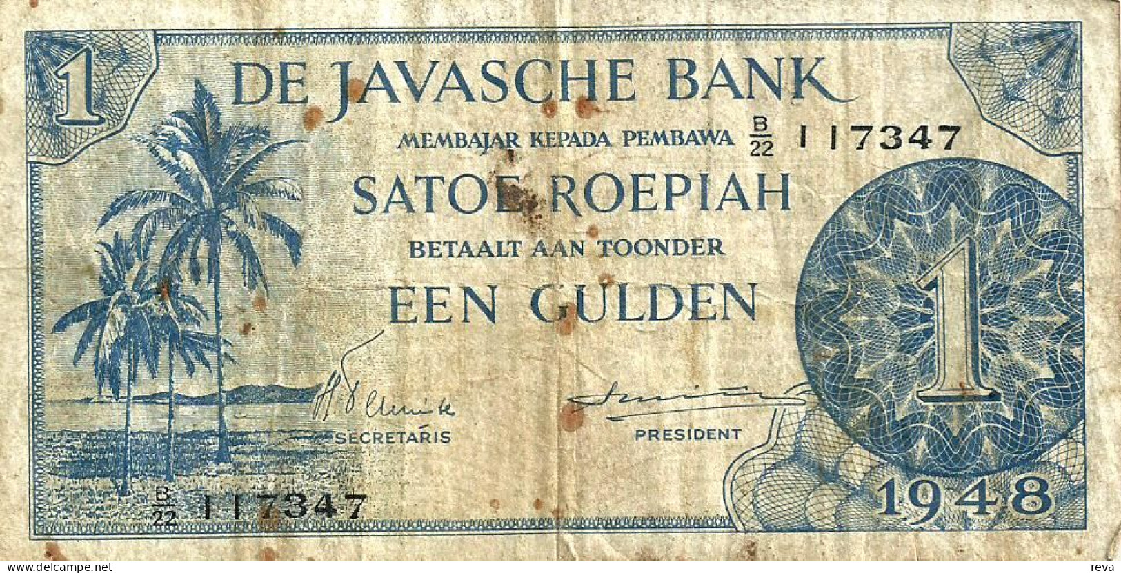 NETHERLANDS EAST INDIES 1 GULDEN BLACK PALM TREE FRONT MOTIVE BACK 1948 P.98 F READ DESCRIPTION CAREFULLY !!! - Otros – Asia