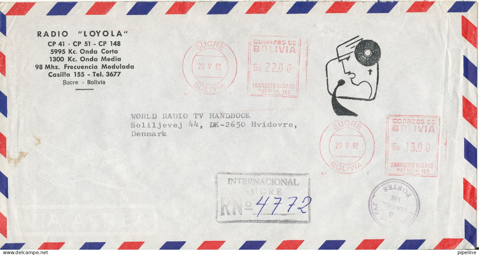 Bolivia Registered Air Mail Cover Sent To Denmark 29-5-1982 Red Meter Cancel - Bolivia