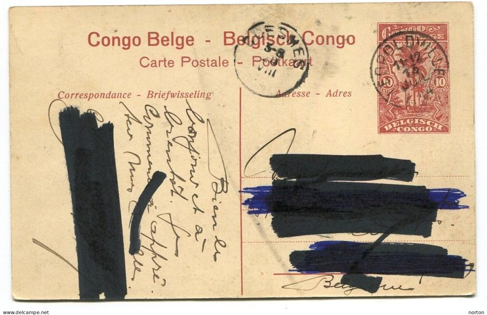 Congo Léopoldville Oblit. Keach 1.10-tDMY Sur Entier Postal Vers Cuesmes Le 20/08/1914 - Lettres & Documents