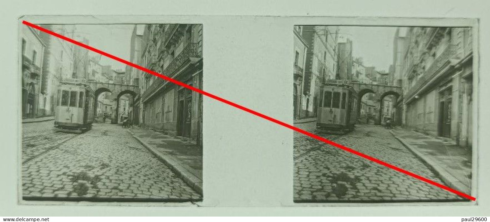 Plaque De Verre, 44 Nantes, Tramway, Pont Rousseau, Rue, Pavées, Trottoir, Maisons, Année 1916. - Diapositivas De Vidrio