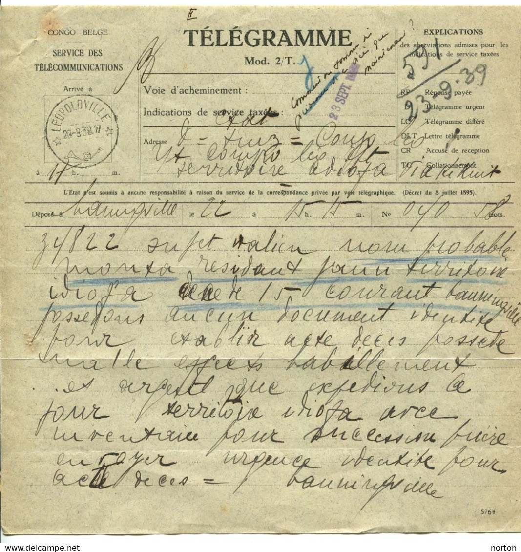 Congo Léopoldville Oblit. Keach 8A1 Sur Télégramme Le 22/09/1939 - Lettres & Documents