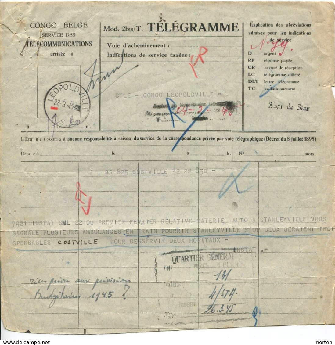 Congo Léopoldville Oblit. Keach TSF2B-Dmyt/t Sur Télégramme Le 22/03/1945 - Brieven En Documenten