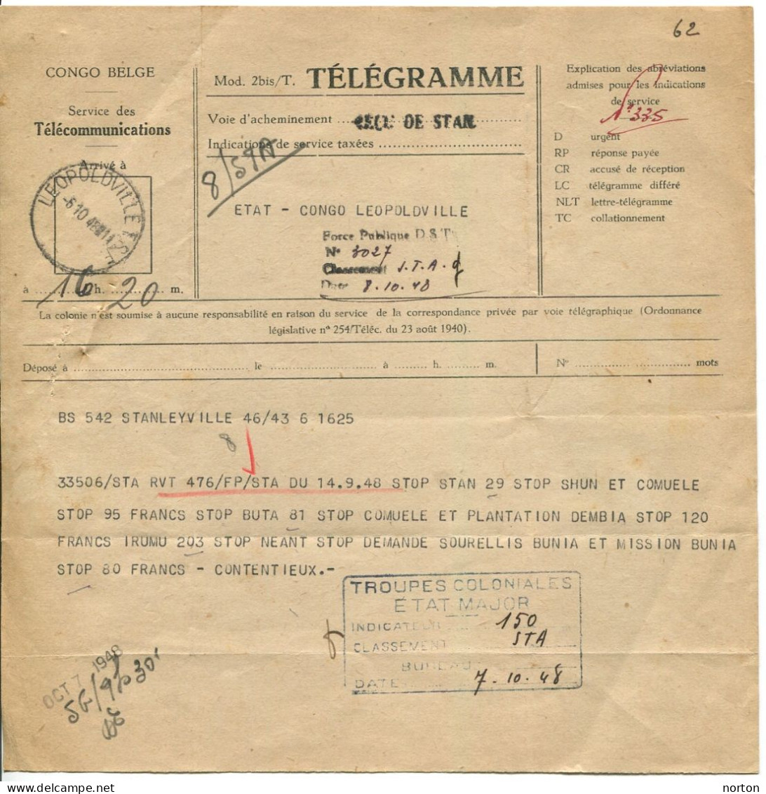 Congo Léopoldville Oblit. Keach TSF3A-Dmyt Sur Télégramme Le 06/10/1948 - Cartas & Documentos