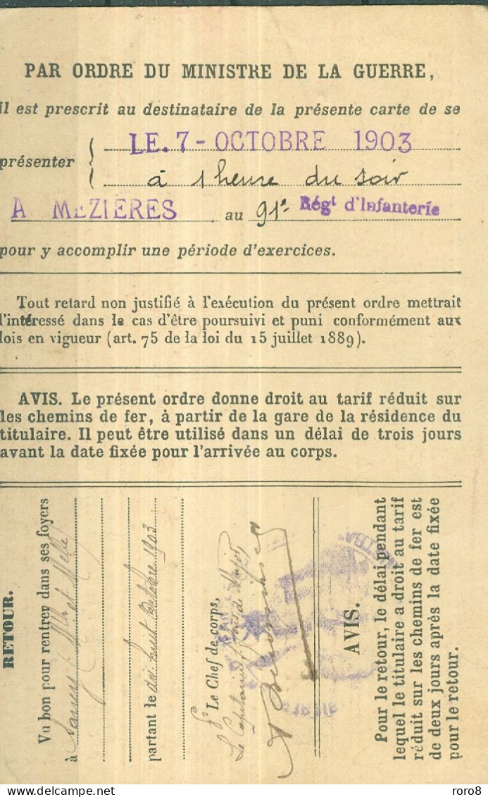 MILITARIA - ORDRE APPEL GUILWINOL Né à TRIEUX 1861=>91é REGIMENT INFANTERIE CLASSE 1881 Stationné à Sançy 1903