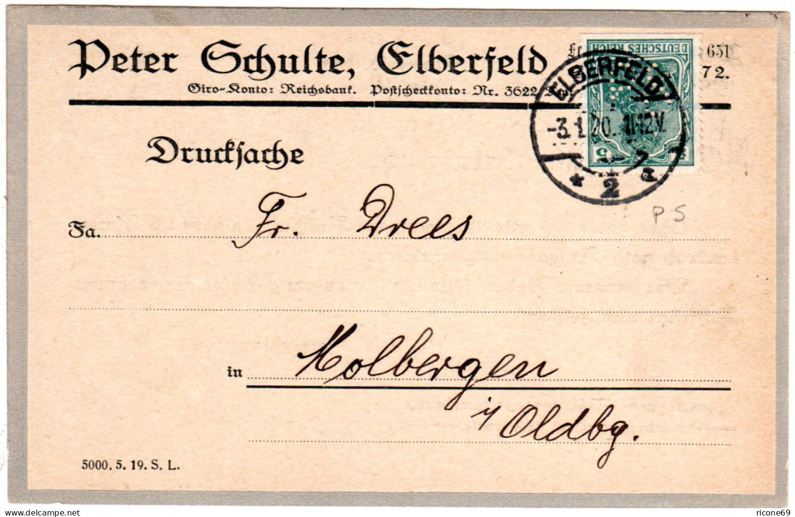 DR 1920, 5 Pf. Germania M. Perfin Auf Firmenkarte V. Elberfeld - Autres & Non Classés