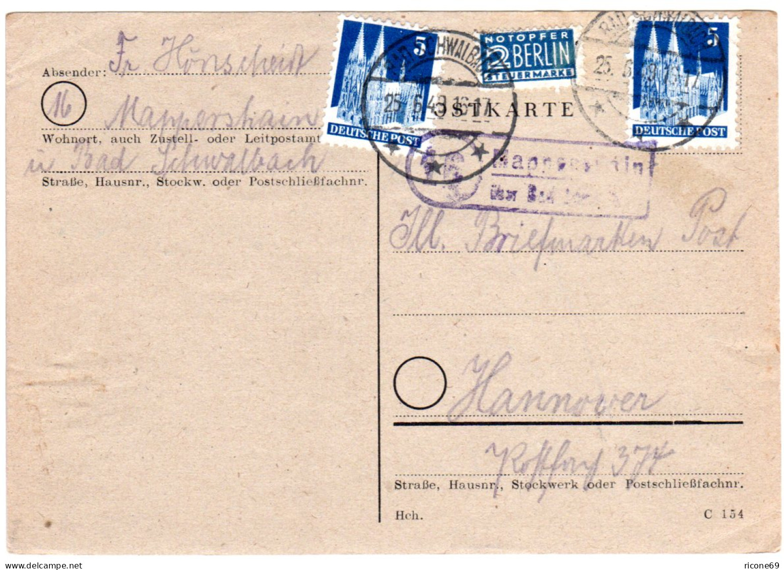 1949, Landpost Stpl. 16 MAPPERSHAIN über Schwalbach Auf Karte M. 2x5 Pf.  - Sammlungen