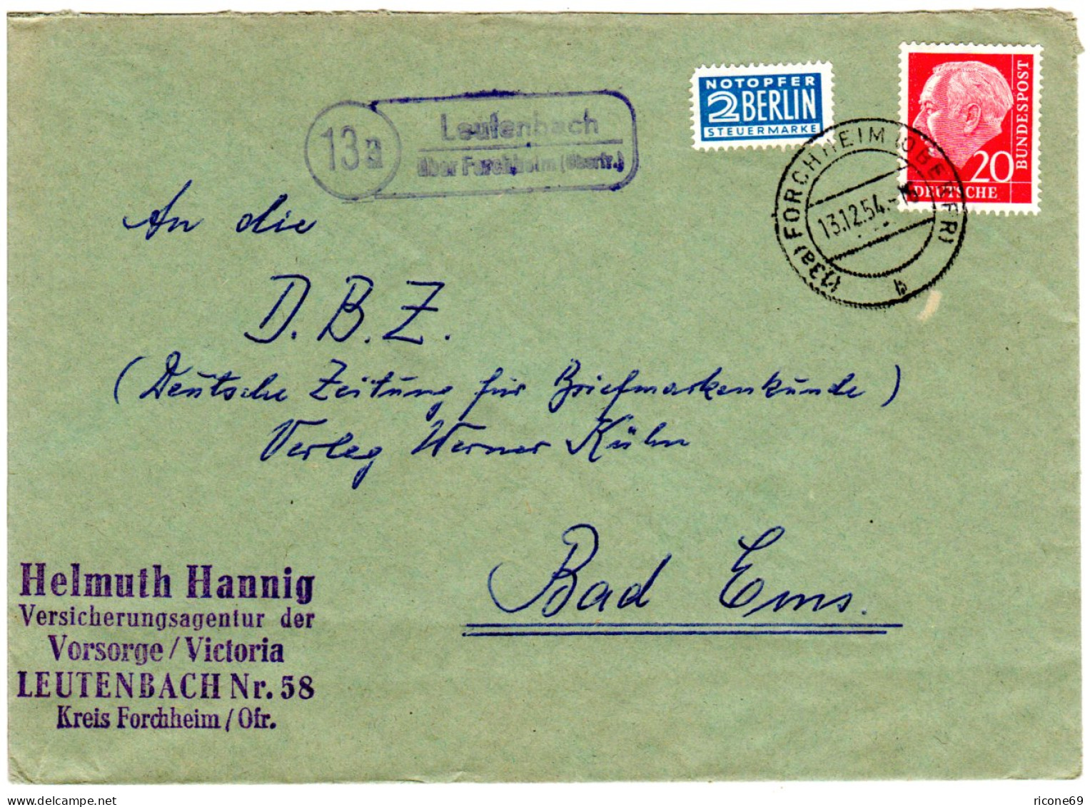 BRD 1954, Landpost Stpl. 13a LEUTENBACH über Forchheim Auf Brief M. 20 Pf. - Collections