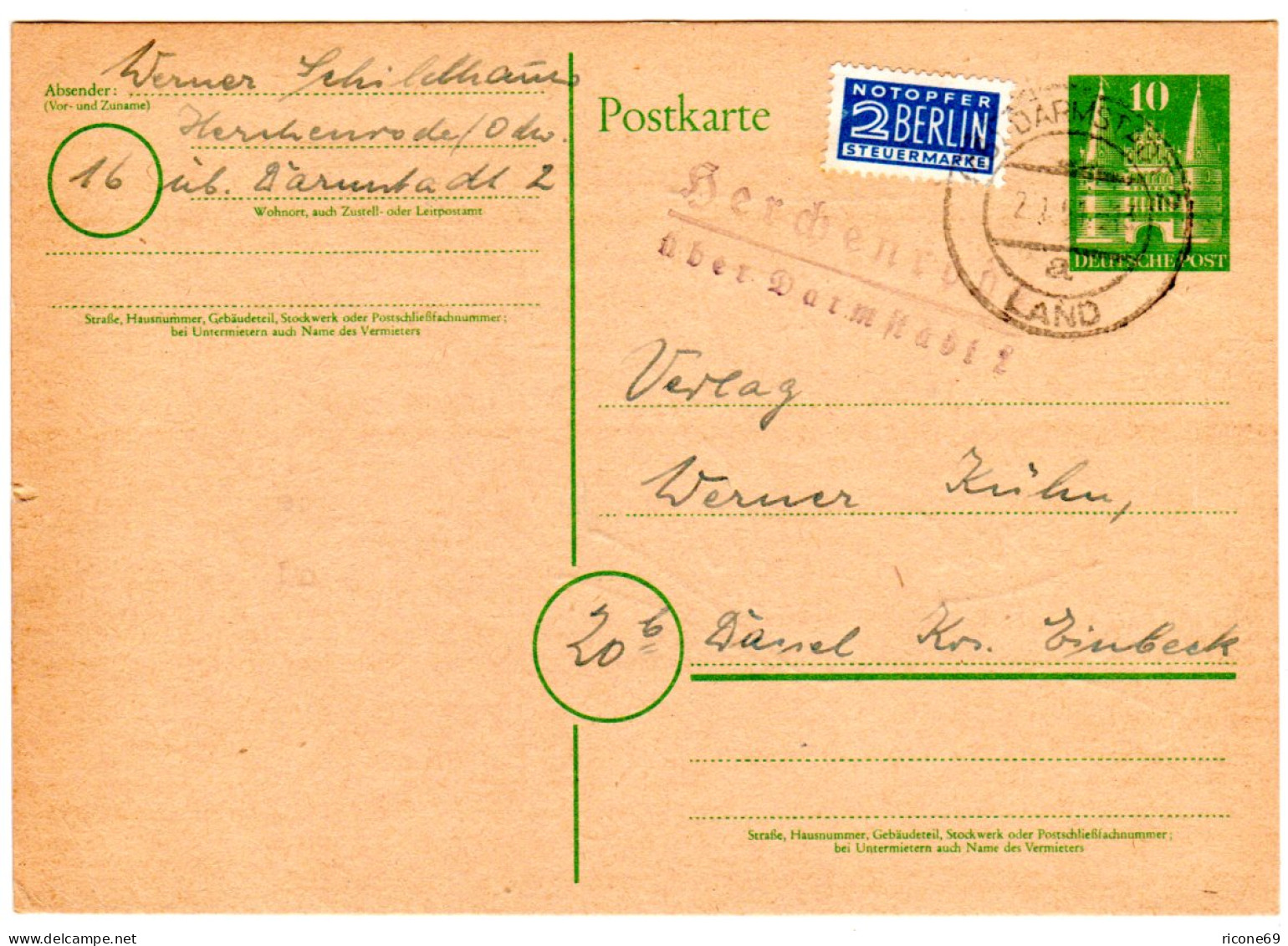 1950, Landpost Stpl. HERCHENRODE über Darmstadt 1 Auf 10 Pf. Ganzsache  - Sammlungen