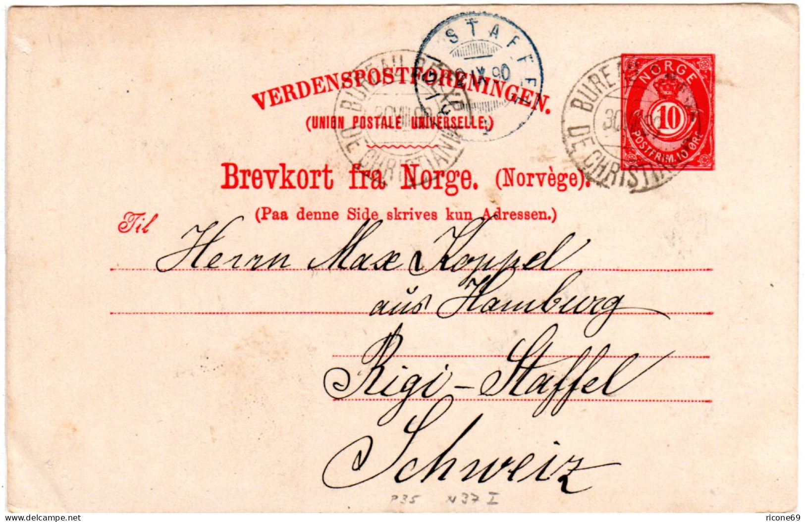 Norwegen P 35 I, 10 öre Ganzsache V. Christiania N. Rigi-Staffel, Schweiz - Lettres & Documents