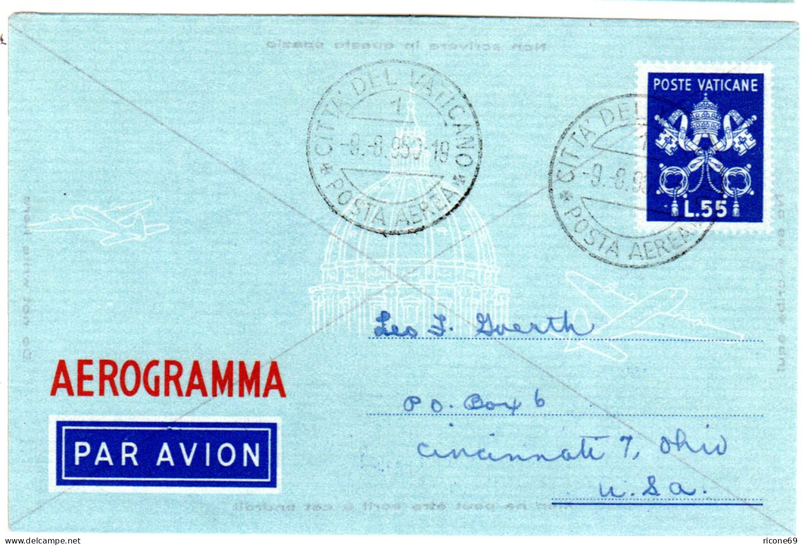 Vatikan, 55 L. Aerogramm Ganzsache M. Diagonalkreuz, 1950 Adressiert N. USA - Storia Postale