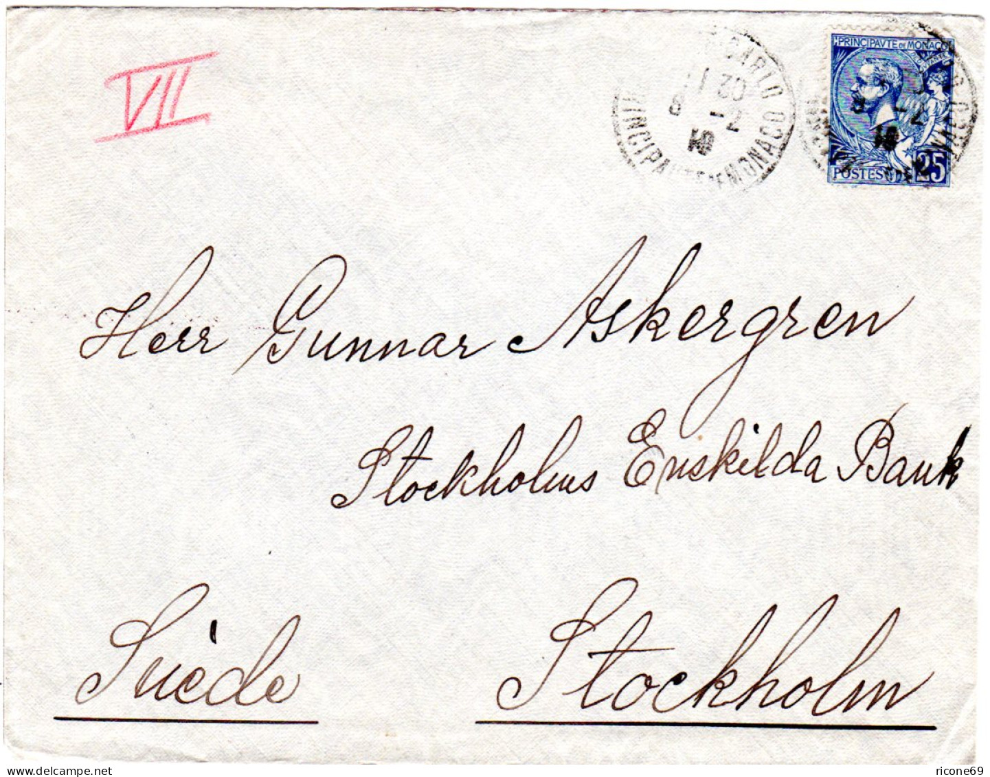Monaco 1919, 25 C. Auf Brief V. Monte Carlo N. Schweden. - Brieven En Documenten