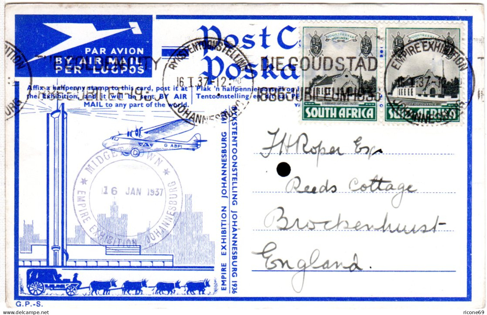 Südafrika 1937, Offizielle Luftpost Karte M. Abb. Post Office Johannesburg - Autres - Afrique