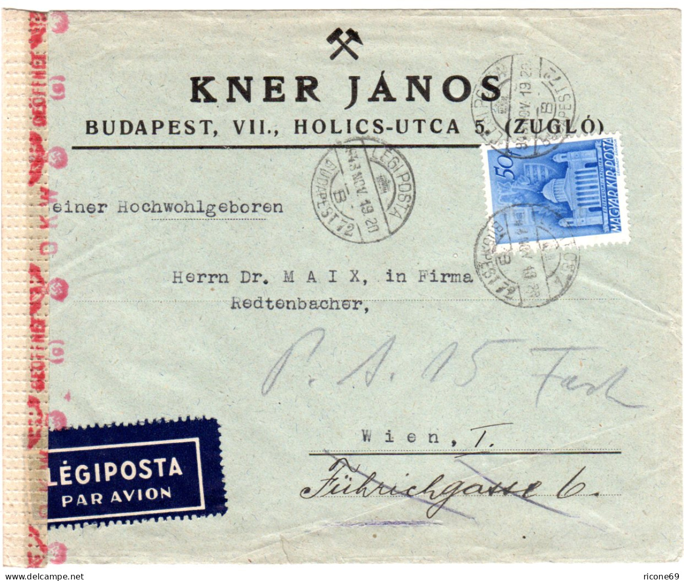 Ungarn 1943, 50 F Auf Luftpost Zensur Bergbau Vordruck Brief V. Budapest N. Wien - Covers & Documents