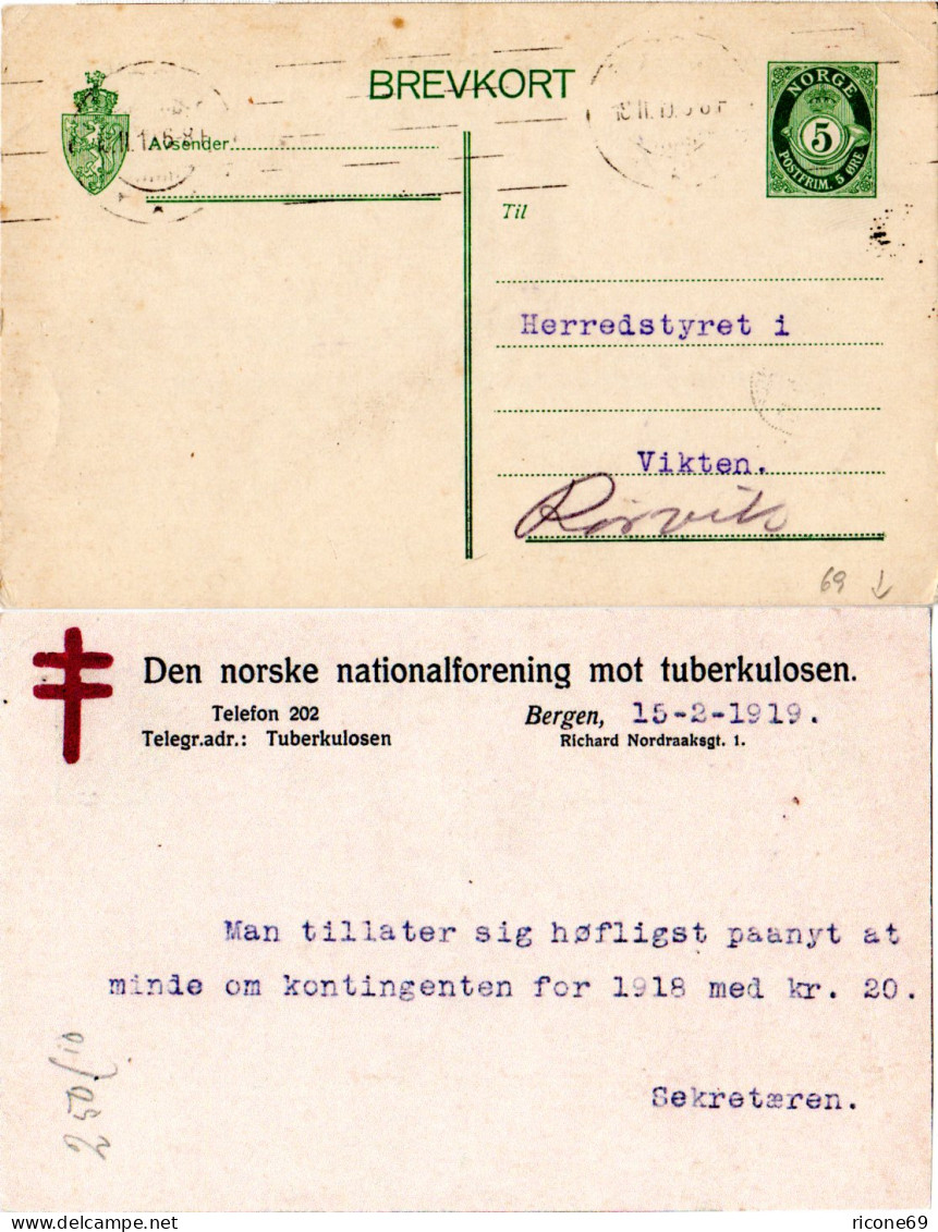 Norwegen 1919, 5 öre Ganzsache V. Bergen M. Rücks. Tubekulose Hilfe Zudruck - Medicina