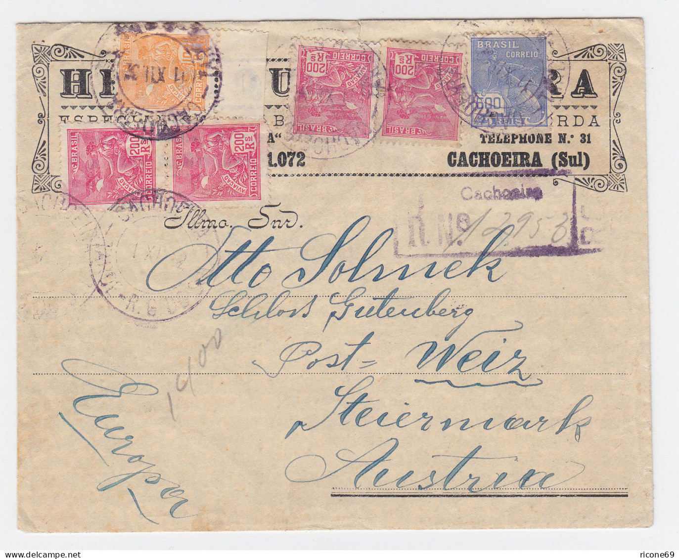 Brasilien 1932, Einschreiben Brief M. 6 Marken V. CACHOEIRA N. Österreich. #2456 - Autres & Non Classés