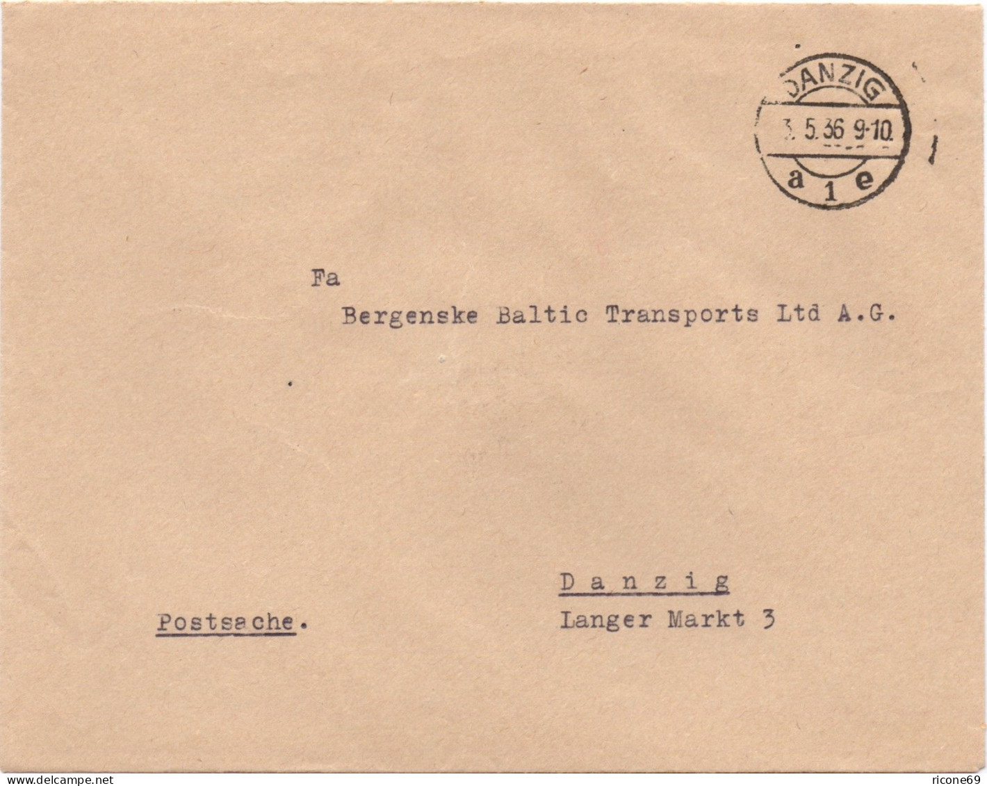 Danzig 1936, Brief "Postsache". Portofreiheit. Rücks.Telegraphenamt Siegel. #691 - Briefe U. Dokumente