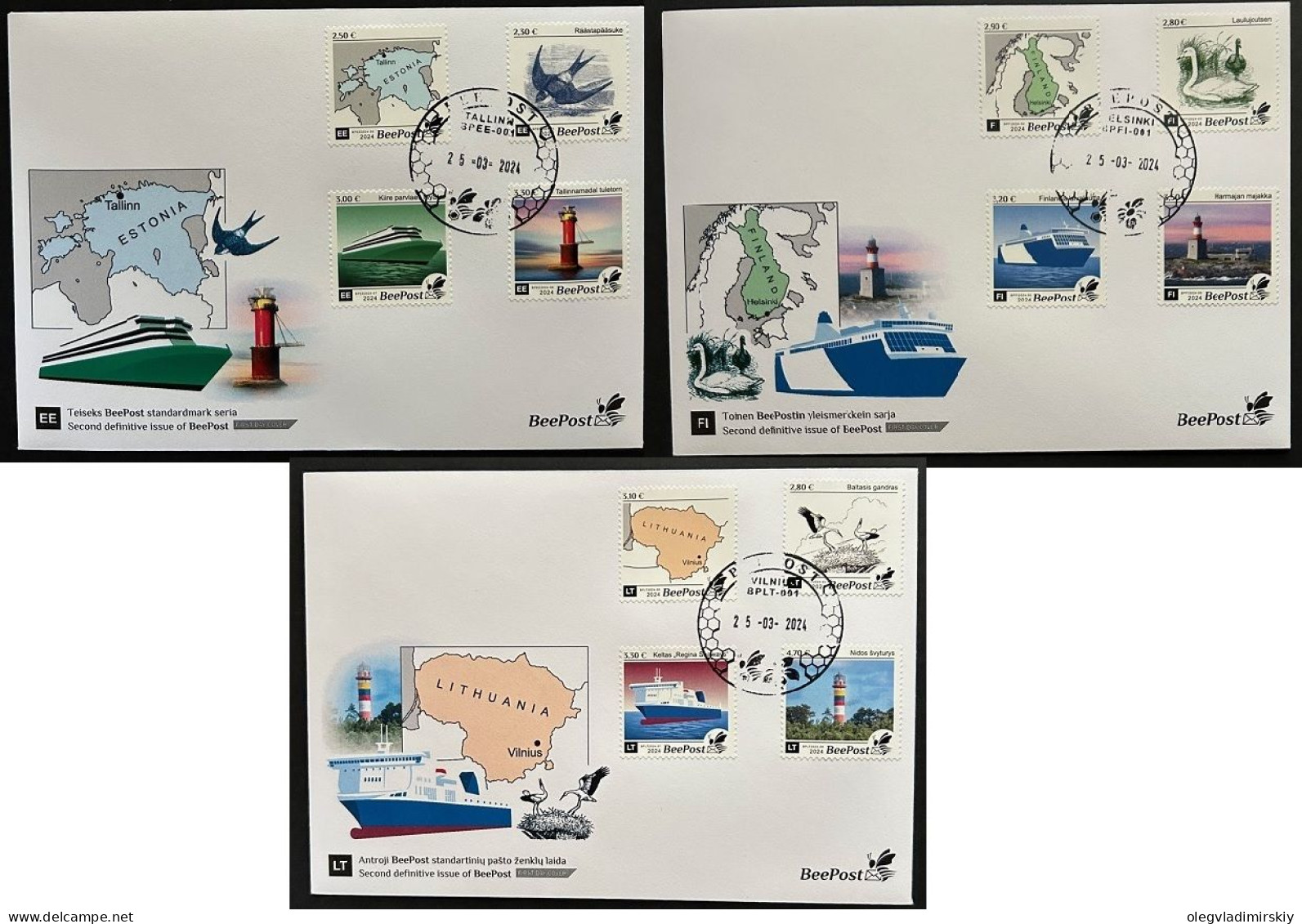 Estonia Finland Lithuania 2024 BeePost Definitives Birds Map Ship Lighthouse Full Set Of 3 FDC - FDC