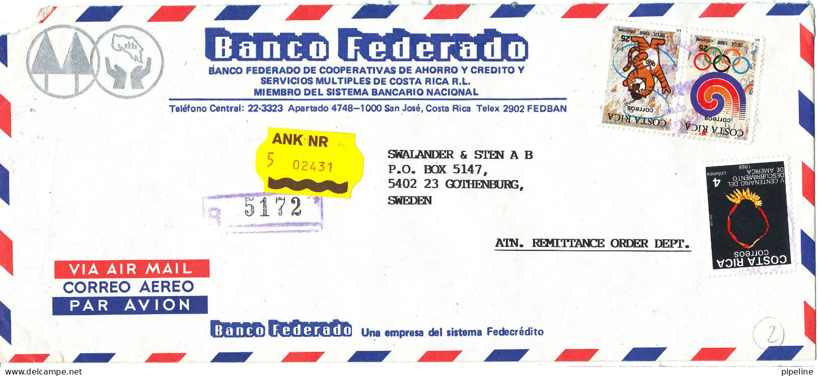 Costa Rica Registered Air Mail Cover Sent To Sweden 24-10-1990 - Costa Rica