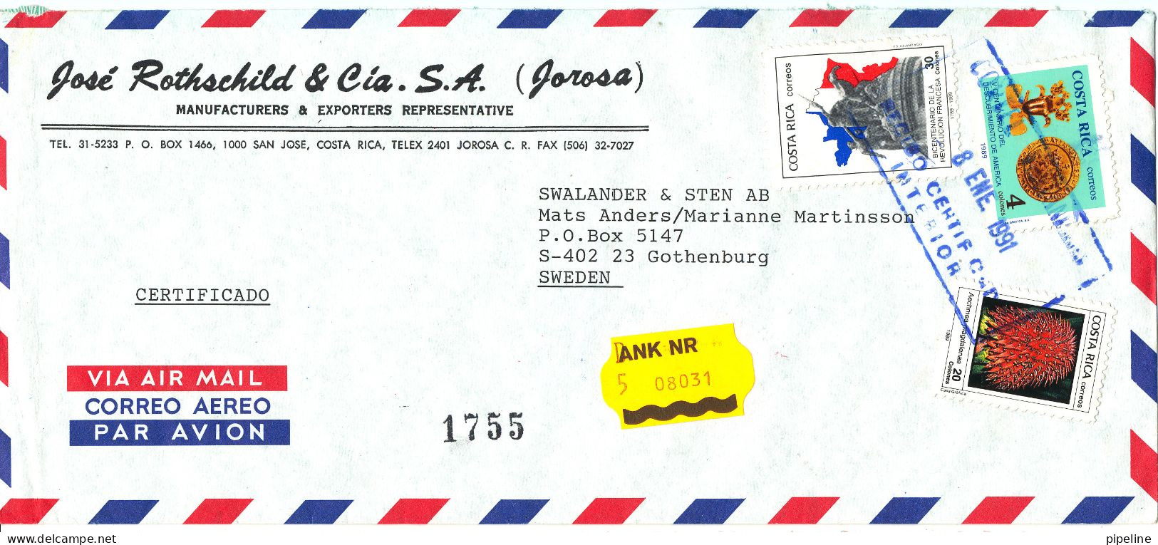 Costa Rica Registered Air Mail Cover Sent To Sweden 8-1-1991 - Costa Rica