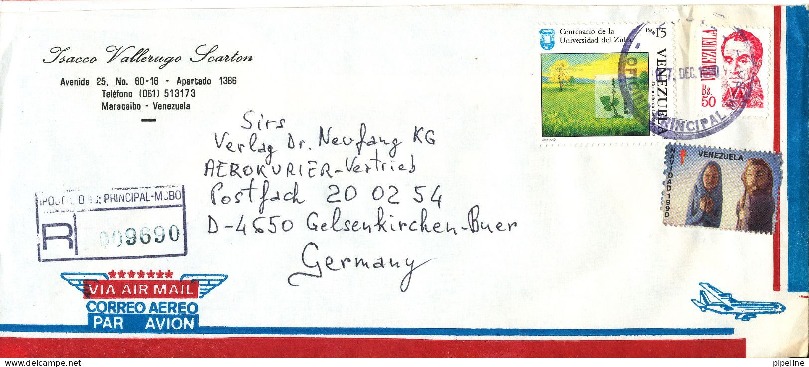 Venezuela Registered Air Mail Cover Sent To Germany Maracaibo 7-12-1990 - Venezuela