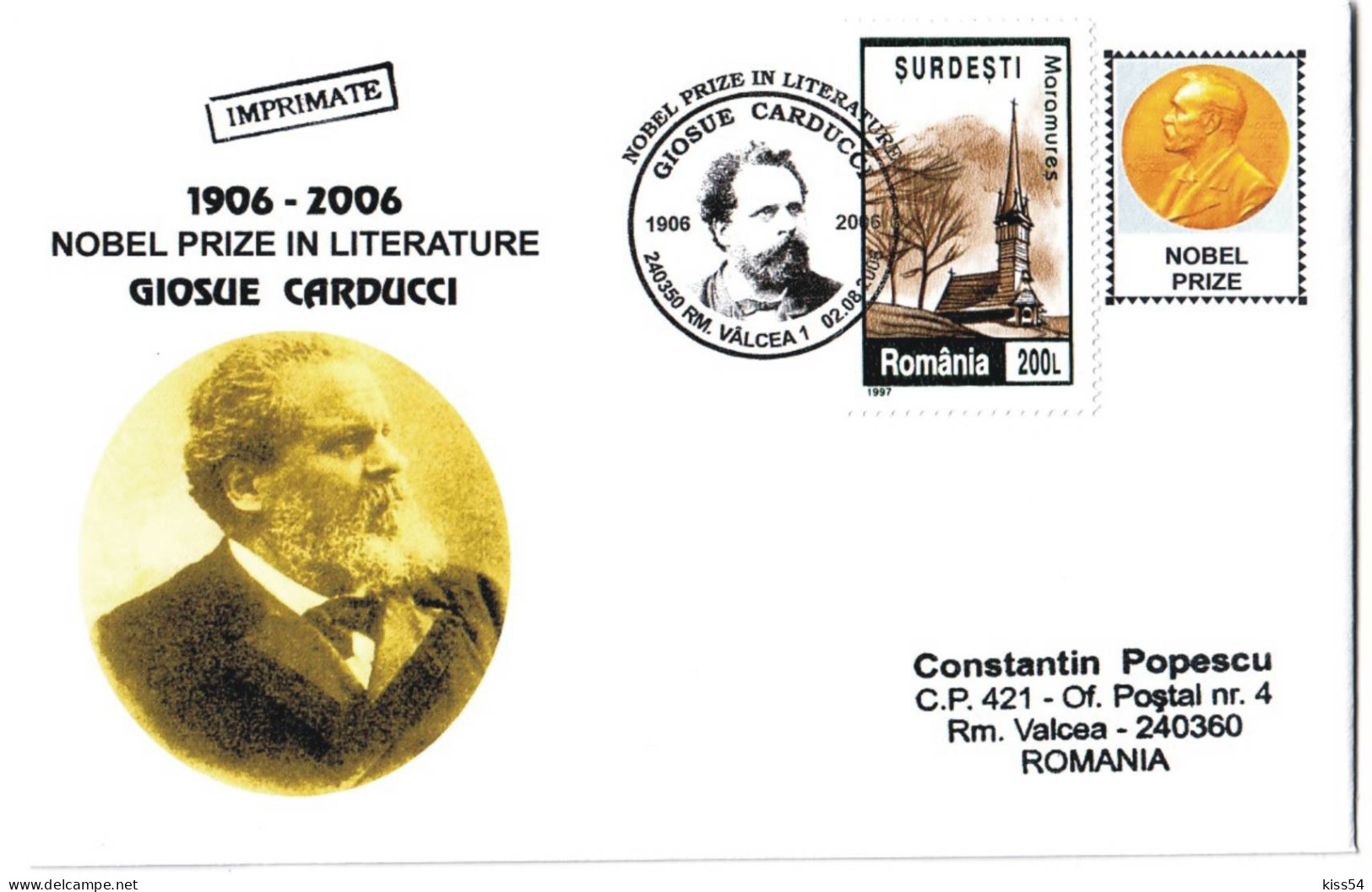 COV 25 - 410 GIOSUE CARDUCCI, Romania, Nobel Prize In Literature - Cover - 2006 - Prix Nobel