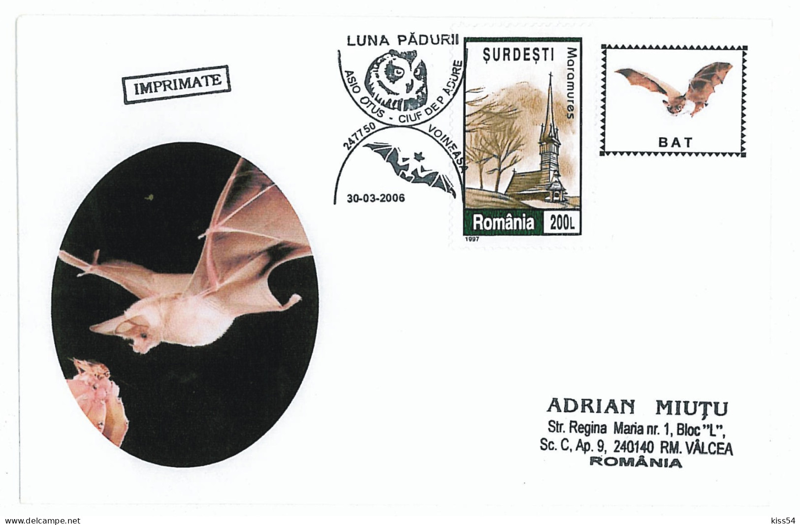 COV 25 - 547 BAT, Romania - Cover - Used - 2006 - Bats