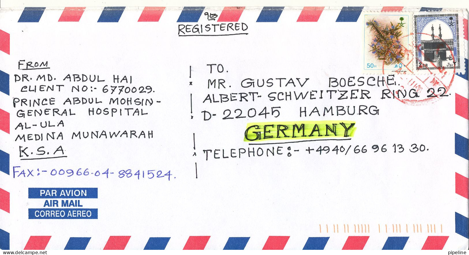 Saudi Arabia Registered Air Mail Cover Sent To Germany - Arabia Saudita