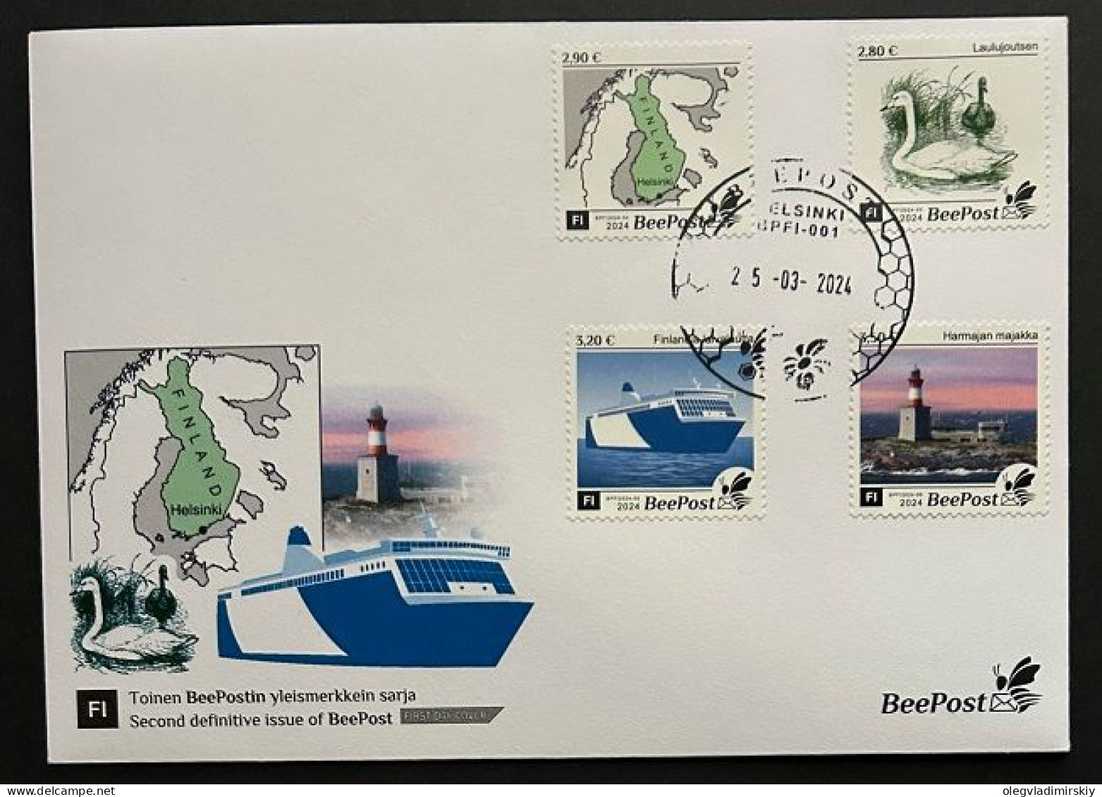Finland Finnland Finlande 2024 Definitives Birds Map Ship Lighthouse BeePost Set Of 4 Stamps FDC - Lighthouses