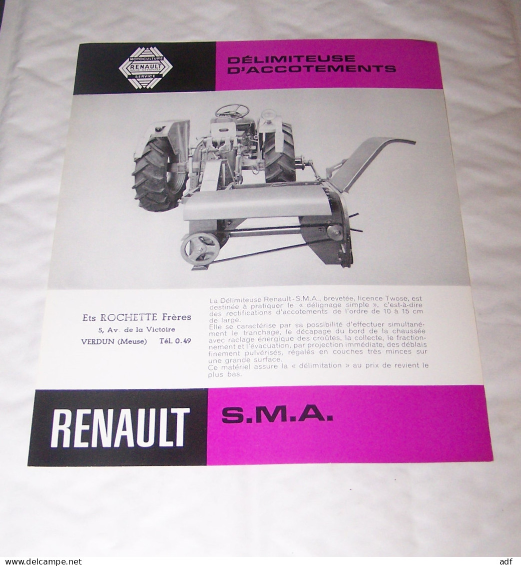 FEUILLET PUB PUBLICITAIRE MATERIEL RENAULT DELIMITEUSE D'ACCOTEMENTS S.M.A, SMA ( TRACTEUR, TRACTEURS, MOTOCULTURE ) - Tracteurs