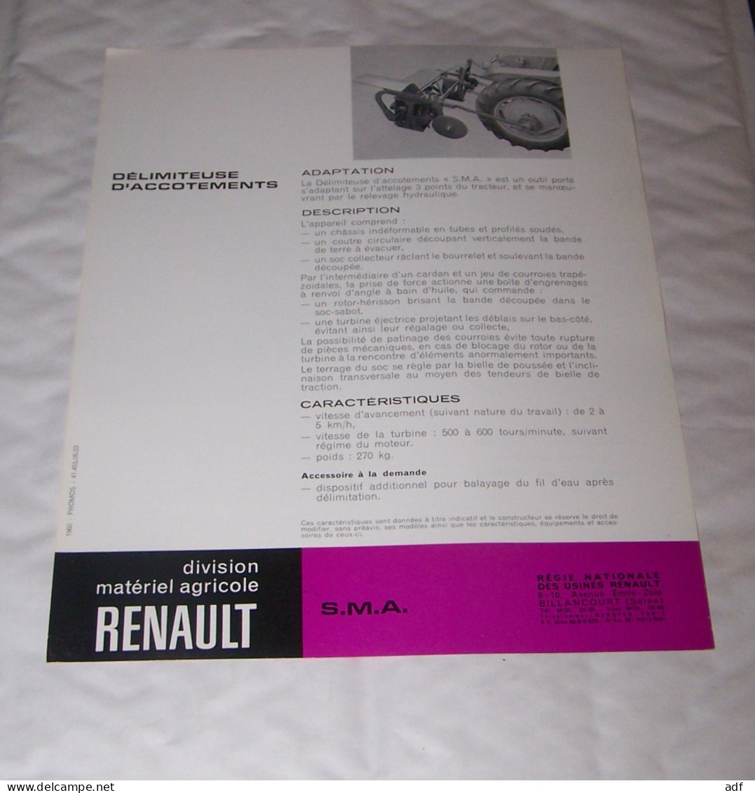 FEUILLET PUB PUBLICITAIRE MATERIEL RENAULT DELIMITEUSE D'ACCOTEMENTS S.M.A, SMA ( TRACTEUR, TRACTEURS, MOTOCULTURE ) - Trattori