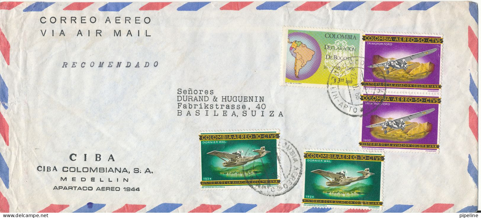 Colombia Registered Air Mail Cover Sent To Switzerland 22-11-1968 Topic Stamps - Colombia