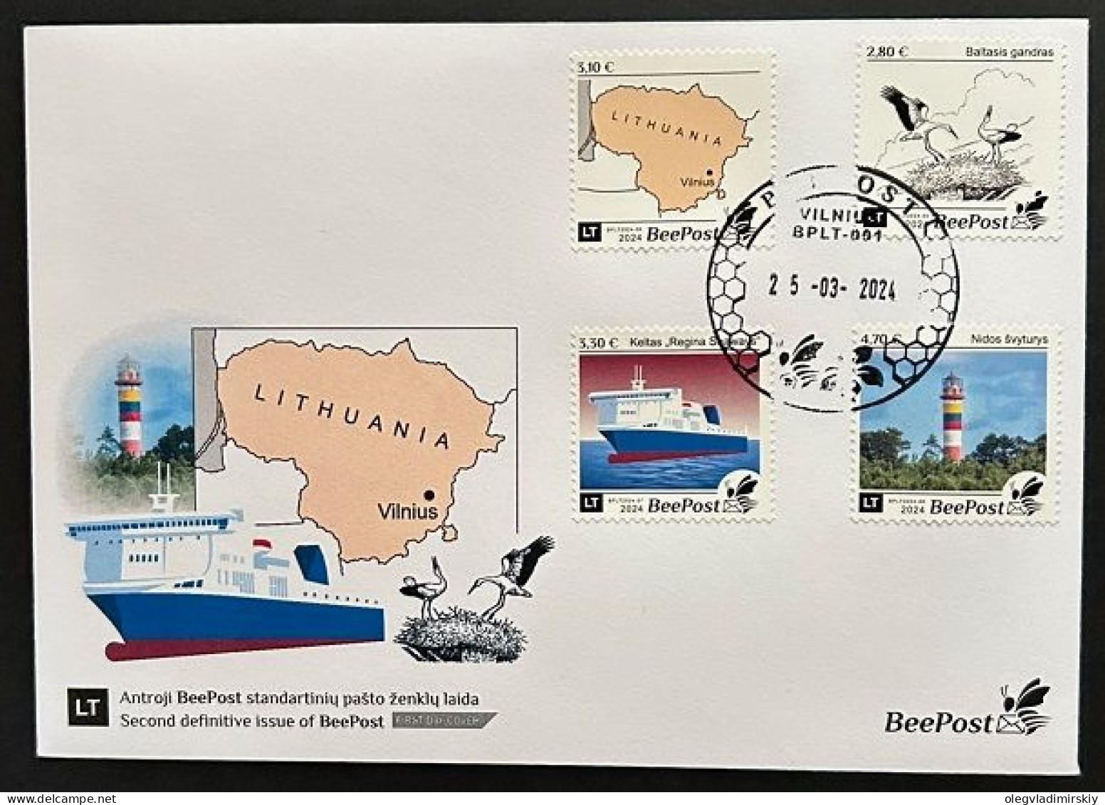 Lithuania Litauen Lituanie 2024 Definitives Birds Map Ship Lighthouse BeePost Set Of 4 Stamps FDC - Picotenazas & Aves Zancudas