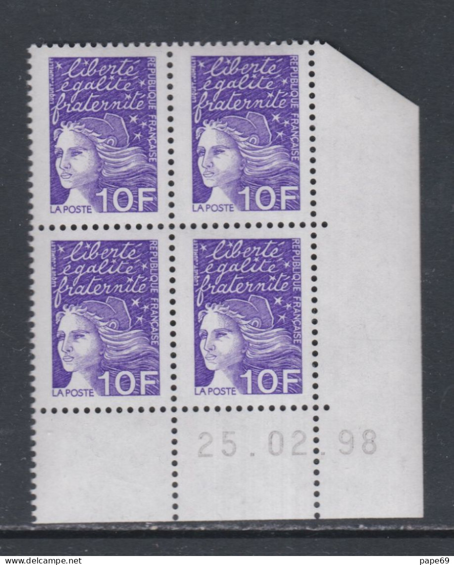 France N° 3099 XX  Luquet 10 F. Violet En Bloc De 4 Coin Daté Du 25. 02 . 98 ;  Gomme Légè. Altérée Sinon TB - 1990-1999