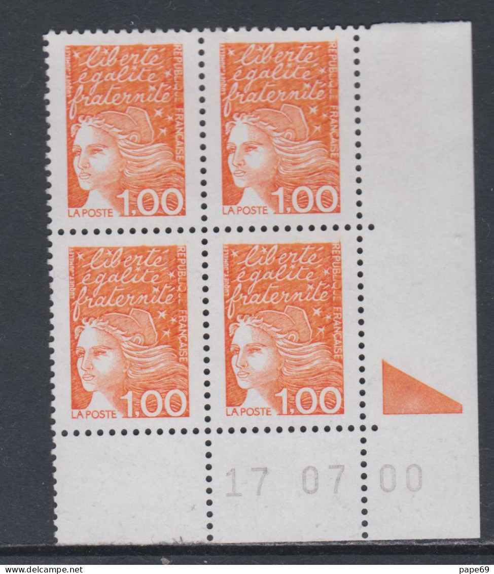 France N° 3089 XX  Luquet 1 F. 00 Orange En Bloc De 4 Coin Daté Du 17. 07 . 00 ; 1 Triangle Sans Charnière, TB - 1990-1999