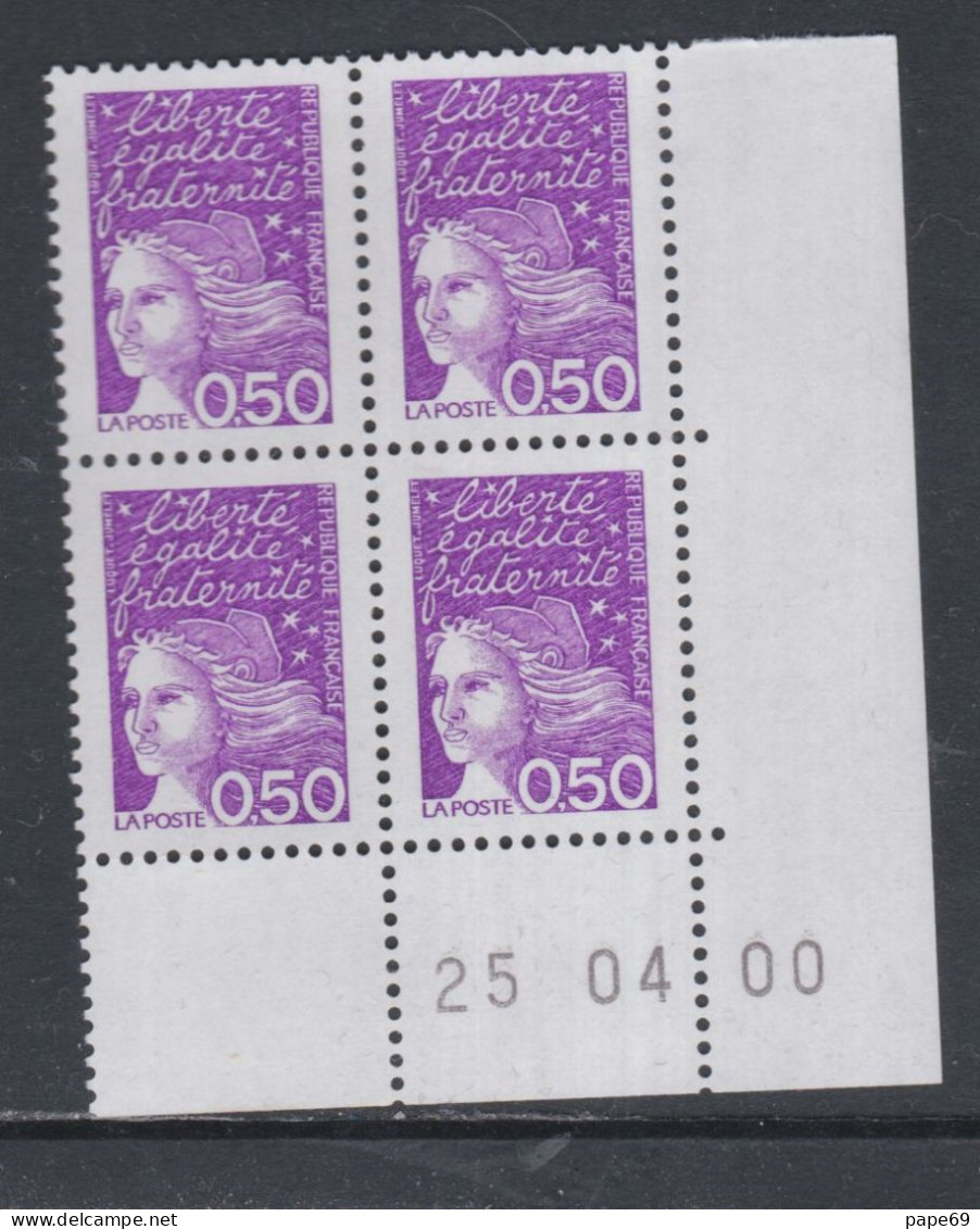 France N° 3088 XX  Luquet 50 C.  Violet-rouge T 2 En Bloc De 4 Coin Daté Du 25 . 04. 00 ; Sans Charnière, TB - 1990-1999