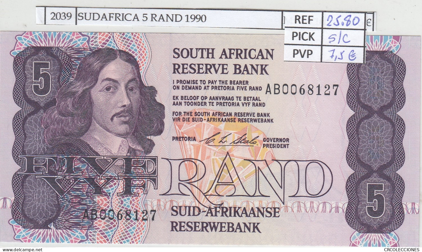 BILLETE SUDAFRICA 5 RAND 1990 P-119e SIN CIRCULAR - Otros – Africa