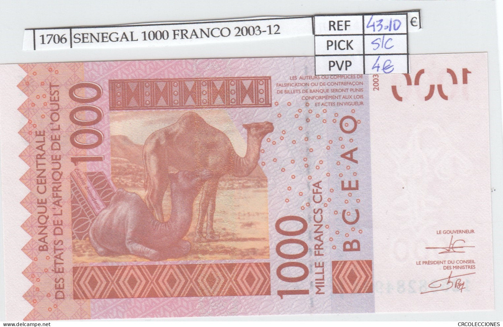 BILLETE SENEGAL 1.000 FRANCOS CFA 2012 (03) P-115 Al SIN CIRCULAR - Sonstige – Afrika