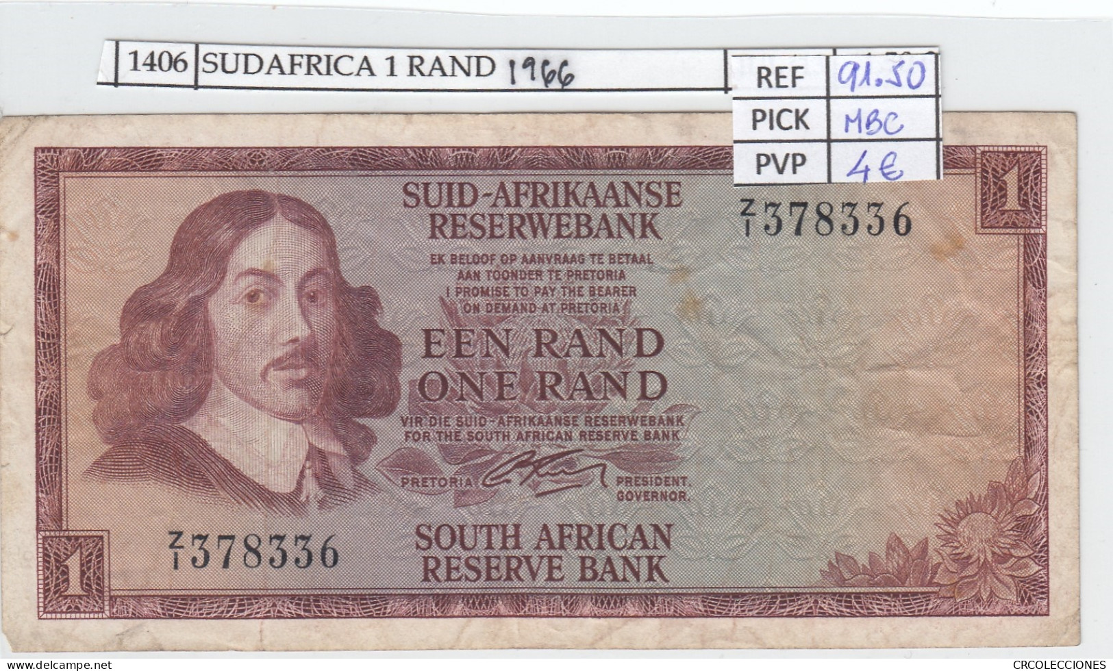 BILLETE SUDAFRICA 1 RAND 1966 P-109a MBC - Sonstige – Afrika