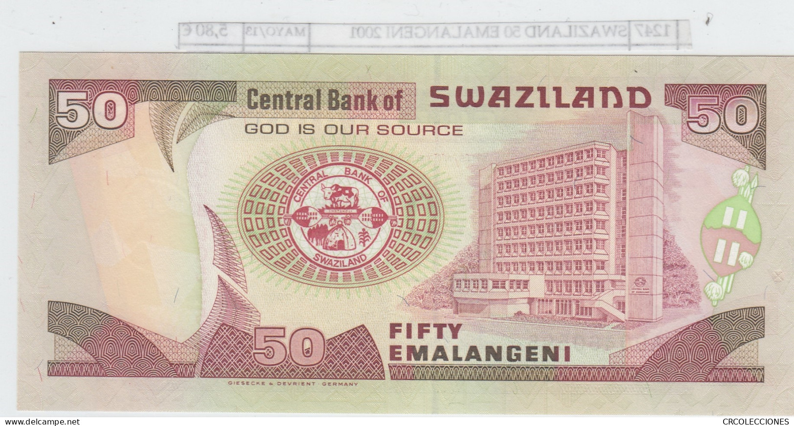 BILLETE SWAZILAND 50 EMALANGENI 2001 P-31a SIN CIRCULAR - Sonstige – Afrika