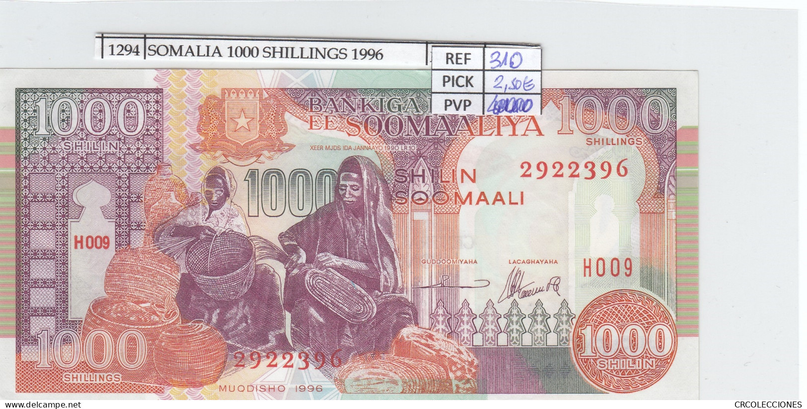 BILLETE SOMALIA 1.000 SHILIN 1996 P-37b SIN CIRCULAR - Autres - Afrique