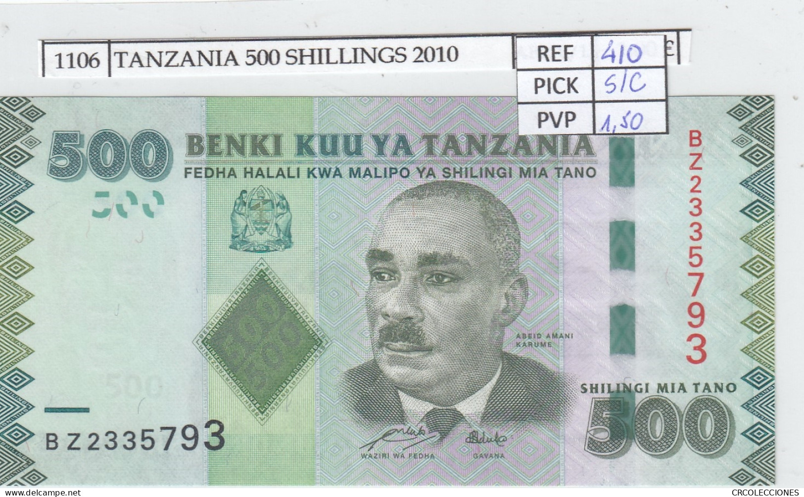 BILLETE TANZANIA 500 SHILLINGS 2010 P-40 SIN CIRCULAR - Altri – Africa