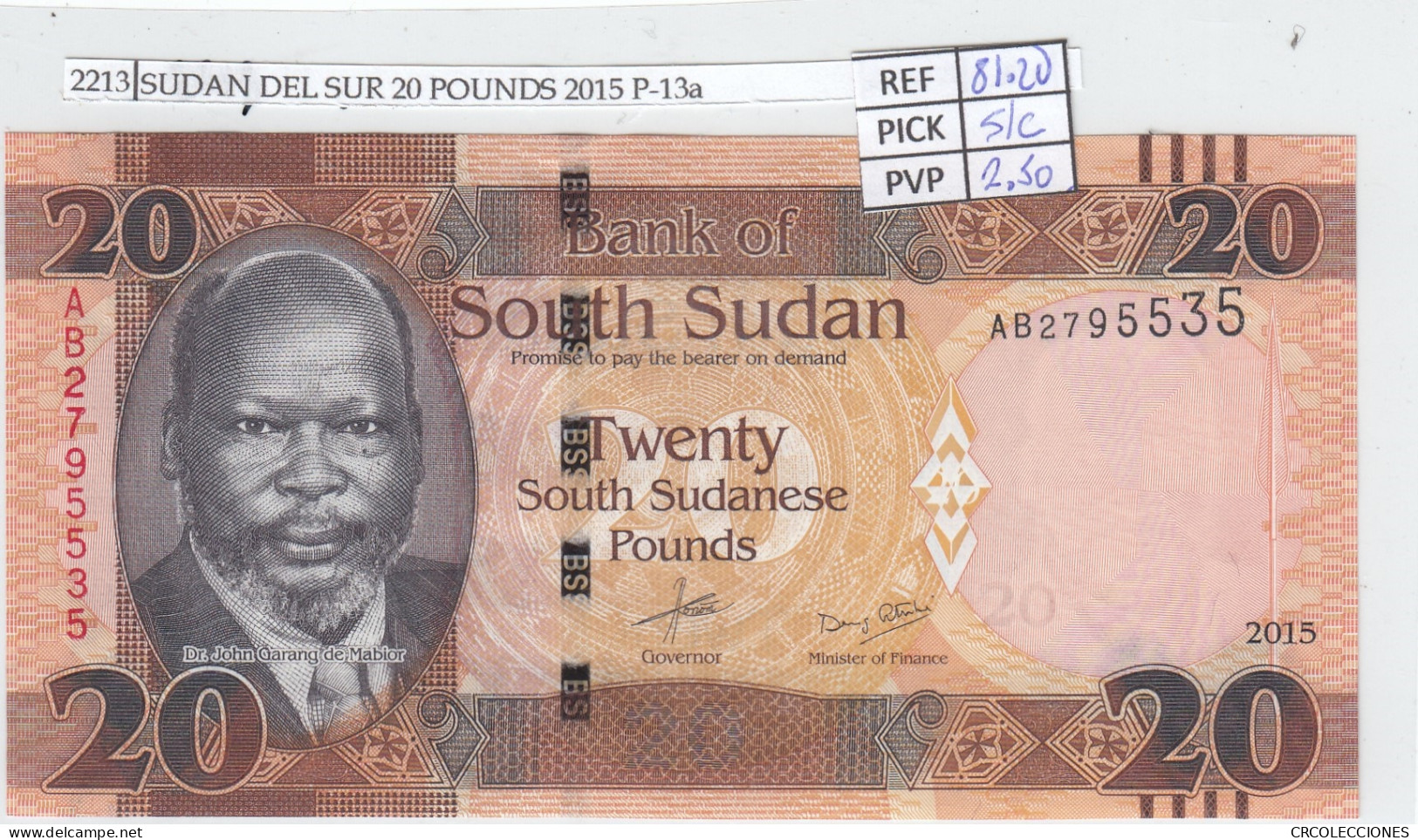 BILLETE SUDAN DEL SUR 20 POUNDS 2015 P-13a SIN CIRCULAR - Sonstige – Afrika