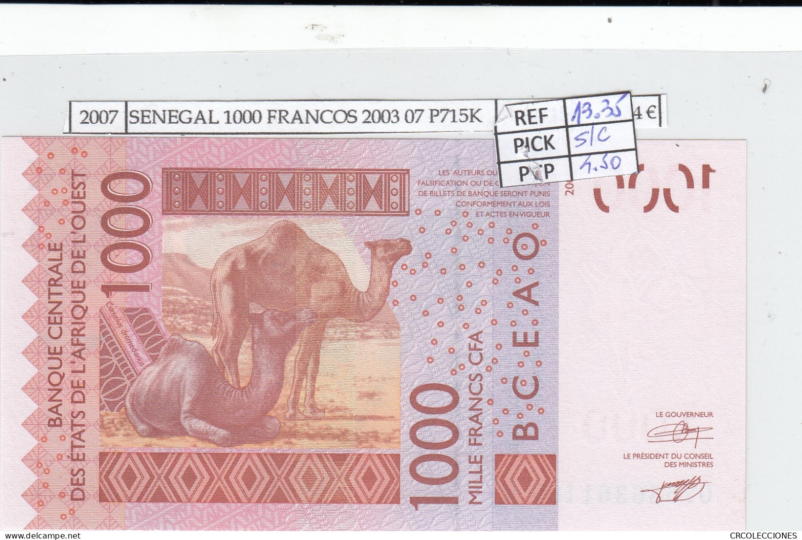 BILLETE SENEGAL 1.000 FRANCOS CFA 2007 03 P-115 Ae SIN CIRCULAR - Other - Africa