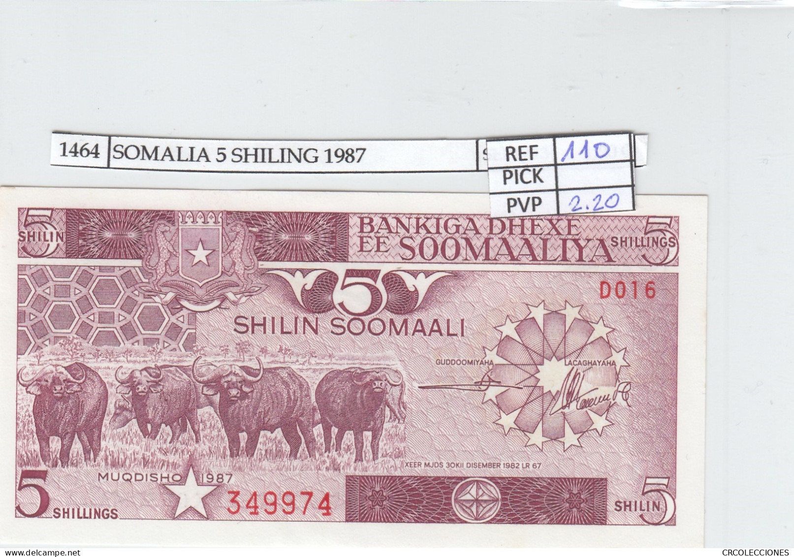 BILLETE SOMALIA 5 SHILIN 1987 P-31c SIN CIRCULAR - Autres - Afrique